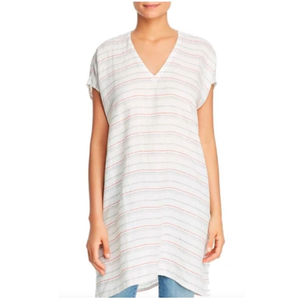 NWT Eileen Fisher 100% Organic Linen Stripe V-Neck Tunic White Size L/XL